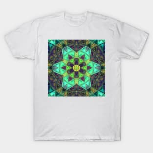 Mosaic Kaleidoscope Flower Green Yellow and Purple T-Shirt